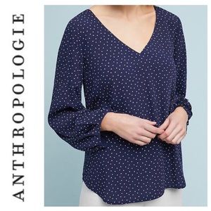 Maeve • Navy Dot “Pernille” Rayon Tie-Sleeve Blouse  { Anthropologie }